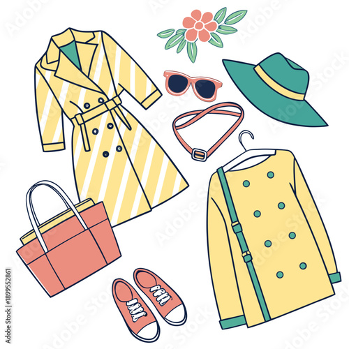 Colorful assortment of women's summer accessories and clothing items