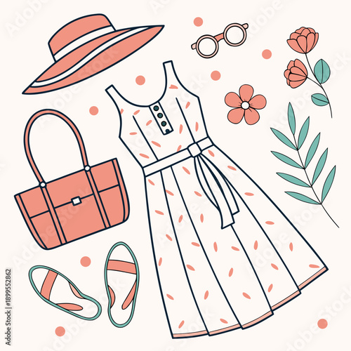 Elegant springtime outfit featuring a dress, hat, handbag, and sandals with floral accents