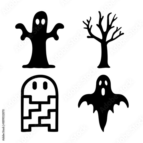 A collection of spooky halloween silhouettes featuring traditional ghosts, a haunted tree, and a playful block ghost