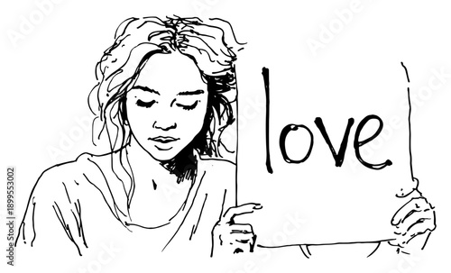 Hand drawn sketch of a young woman holding a Love sign