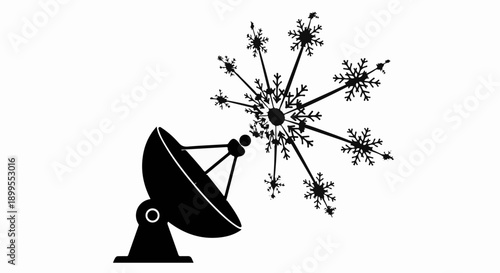 Satellite dish receiving a flurry of snowflakes, symbolizing winter data reception or cold weather communication.