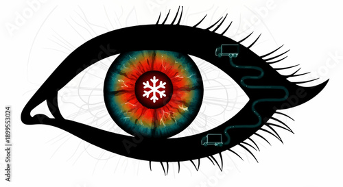 Futuristic eye with glowing iris and robotic implants, symbolizing advanced vision and technology.