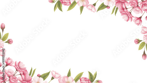Floral Frame with Pink Blooms in Watercolor Style with Soft Pastel Colors on White Background for Wedding Invitation