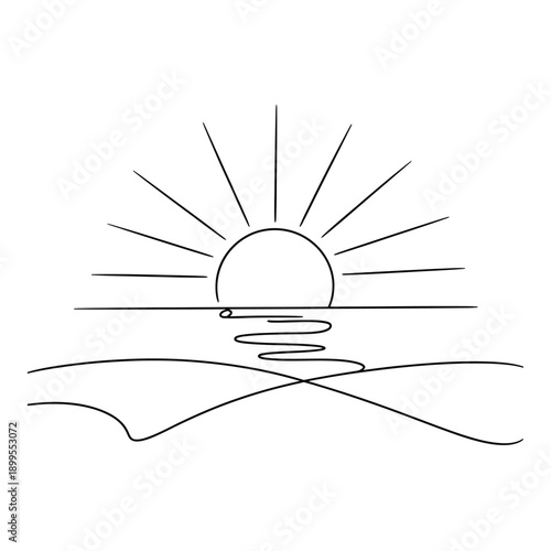 Simple line drawing of sunrise over calm water and hills