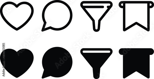 User interface icons, social media symbols, black and white vector set, heart, comment, filter, bookmark, outline, filled, design