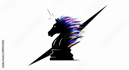 Dynamic chess knight silhouette with vibrant mane symbolizing strategy and innovation