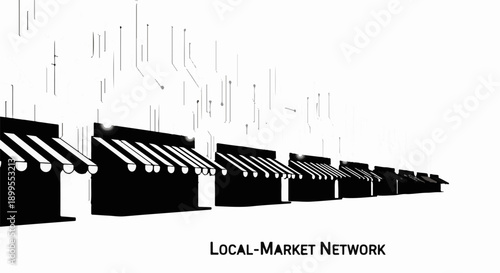 Row of connected small businesses forming a digital network for local commerce.