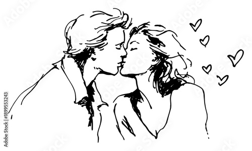 Romantic sketch of kissing couple with floating hearts