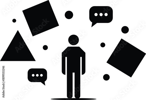 Abstract human silhouette with geometric shapes, communication bubbles, minimal concept illustration, modern design, psychology, thinking, ideas, vector graphic