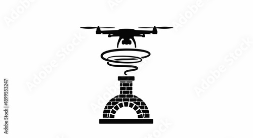 Modern drone delivering package to traditional brick oven with smoke signal