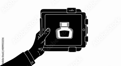 Hand holding tablet displaying ink bottle icon, representing digital creation and art