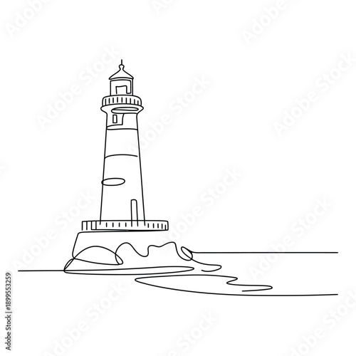 Continuous line drawing of a lighthouse on a rocky coastline by the sea shore