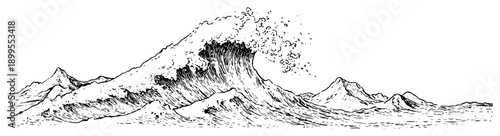 Hand drawn huge ocean wave crashing in stormy sea