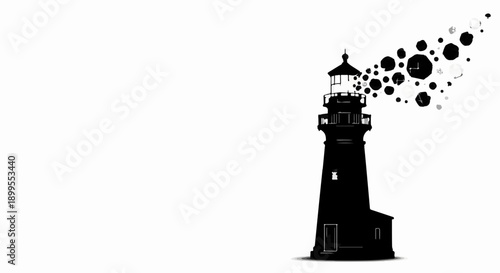 Silhouette of a lighthouse emitting a stream of abstract glowing orbs into the night sky.