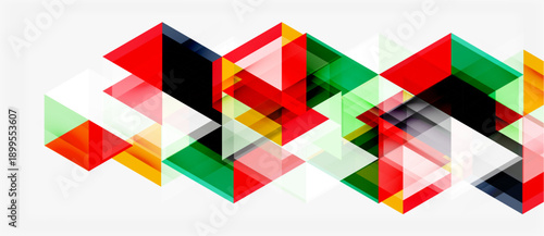 Abstract geometric pattern. Overlapping triangles create dynamic visual texture. Red, green, yellow hues dominate composition. Modern design element.