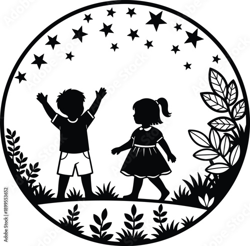 Children silhouette illustration in circular frame, boy and girl under stars, nature scene, black vector artwork for kids design