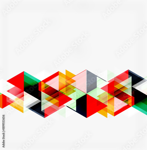 Abstract geometric shapes overlap, creating colorful triangular pattern. Minimalist design with vibrant hues, modern aesthetic.