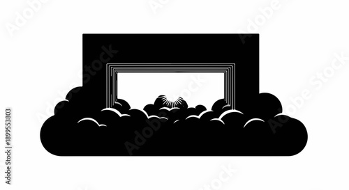 Abstract dark cloud shape framing a bright, glowing light in the distance.