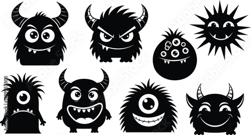Cute monster characters silhouette set, funny cartoon creatures, spooky fantasy mascots, black vector illustrations for kids, games, stickers