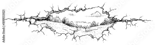Hand drawn sketch of a large ground crack revealing a landscape inside