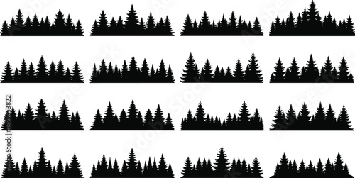 Black and white vector illustration set of coniferous pine forest tree line silhouettes isolated on white background for nature landscape or wilderness outdoor design.