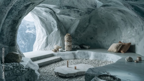 Quiet Cave Space With Minimal Furnishings and Mountain View in Winter Months
