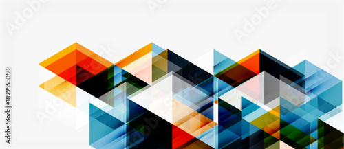 Abstract geometric shapes overlap, creating vibrant color blocks. Design features triangles, squares, transparency, modern aesthetic.