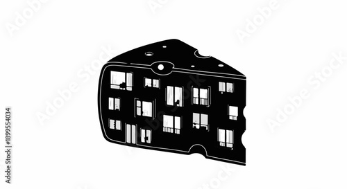 Creative illustration of a cheese wedge reimagined as a building with windows and doors