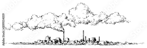 Panoramic sketch of industrial factory buildings emitting heavy smoke plumes