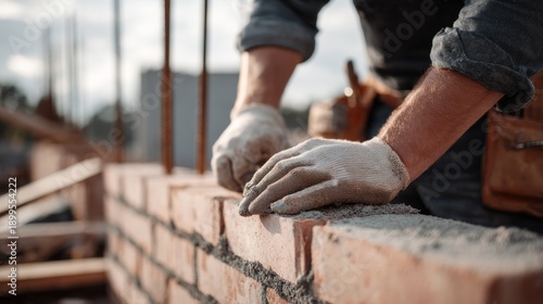 close up of builder's hands building a brick wall