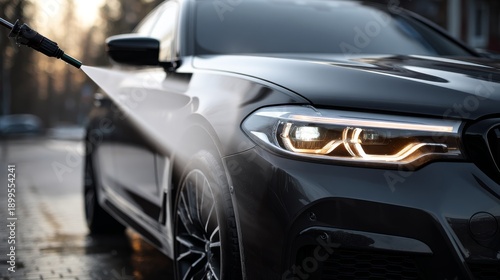 high pressure washing of modern car at selfservice station