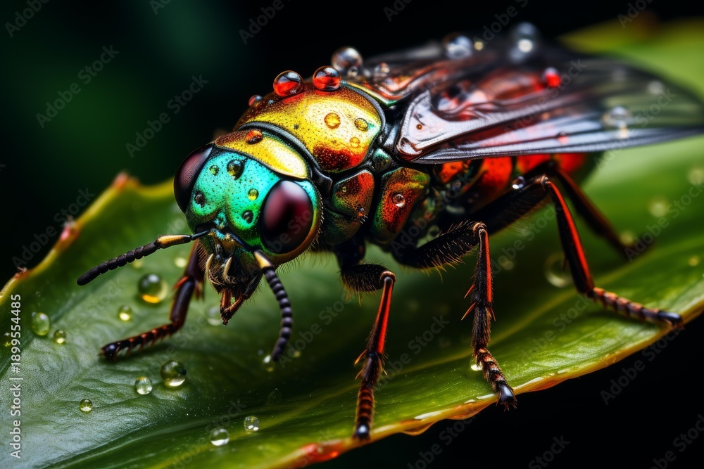 Fototapeta premium Macro view showing colorful beetle like insect with tiny water droplets on green foliage