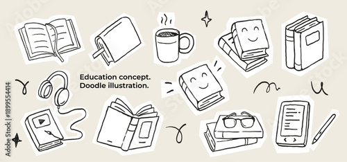 Book and reading themed sticker pack for scrapbook and journaling. Cozy doodle illustrations with paper books, ebook, audiobook and and study elements for planners and creative projects.