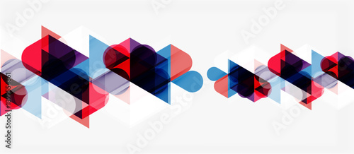 Abstract geometric shapes overlap, creating dynamic visual pattern. Colors include red, blue, purple, white. Minimalist design.