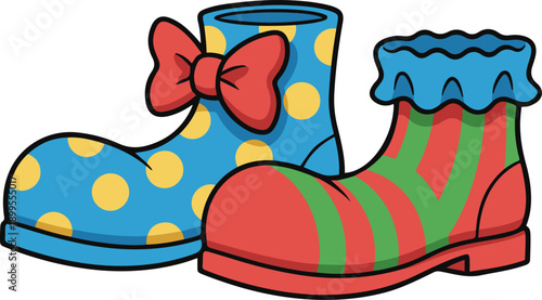 Vector illustration of a pair of colorful, mismatched clown shoes featuring blue polka dots with a large red bow and red stripes with a blue ruffled cuff in a cartoon style.