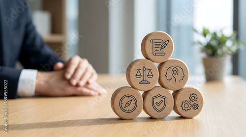 Wooden Block Pyramid with Legal and Business Strategy Icons on Desk