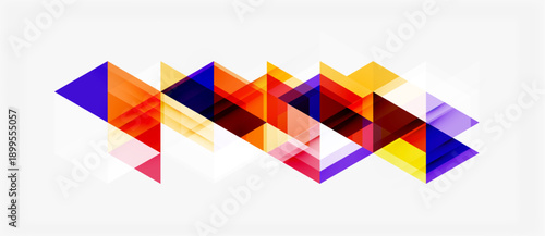Abstract geometric shapes overlap, creating vibrant colorful pattern. Triangles dominate composition, offering dynamic visual effect.