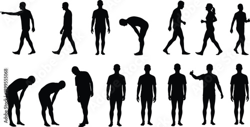 Human silhouette walking poses collection, male and female body movements, black vector people icons for design, animation, signage