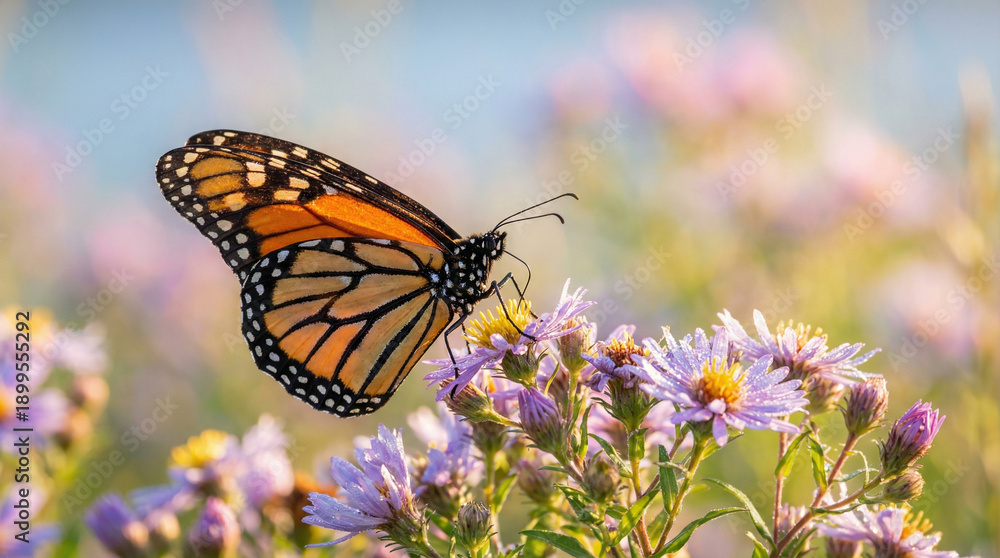 Obraz premium Orange and black monarch butterfly perched on purple aster flowers in a sunlit meadow. Detailed close-up showing delicate wings and floral nature scene during daytime.
