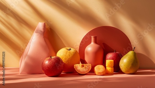 Arrangement of Fruits and Objects on a Surface With Warm Colors in a Studio S...
