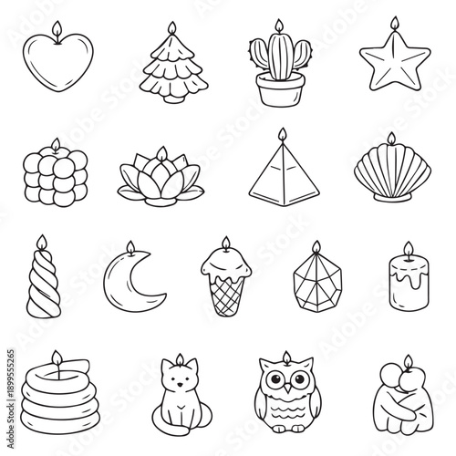 Collection of unique black and white candle shapes in various forms, including heart, star, cactus, and animal designs. Perfect for creative projects, crafting, and design inspiration.