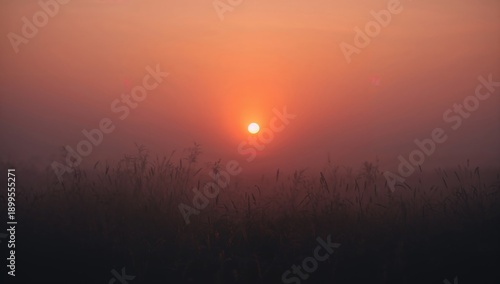 Sunrise Over Field With Fog and Low Grass in Early Morning Light