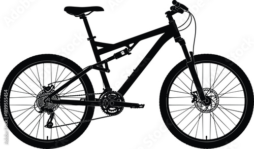 Mountain bike silhouette illustration, modern bicycle side view, black vector cycling equipment for sport design, outdoor branding, fitness graphics
