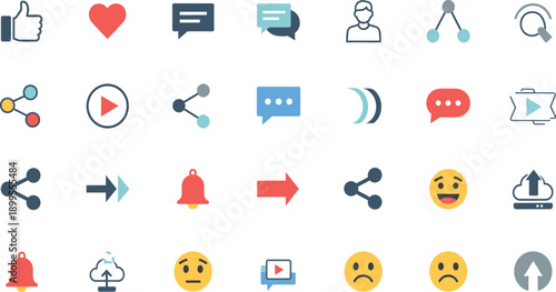 Social Media Interaction and Reaction Icon Set with Likes, Comments, Emojis, Sharing, Notifications, Video, and User Action Symbols for Apps and Web UI Design