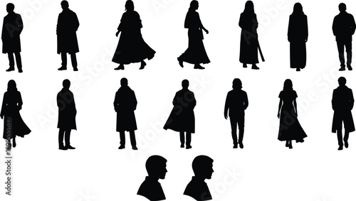 People walking silhouettes set, men and women in coats, standing and moving poses, black human vector collection