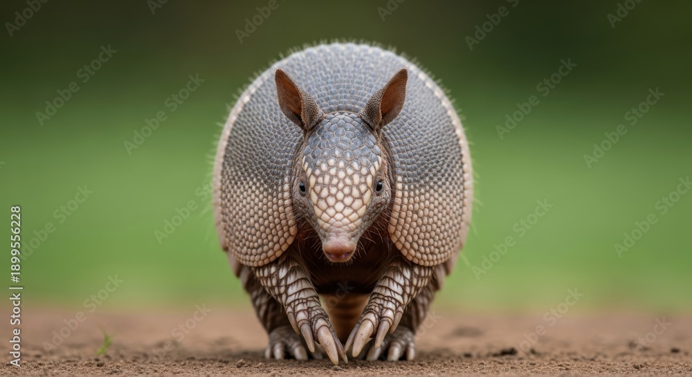 Obraz premium An armadillo stands on dirt ground facing directly towards the camera with a green blurred background