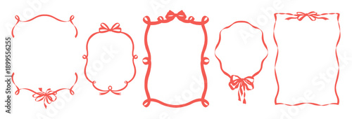 Bow and ribbon frames set. Hand drawn elegant coquette design elements, borders. Vector illustration isolated on white background
