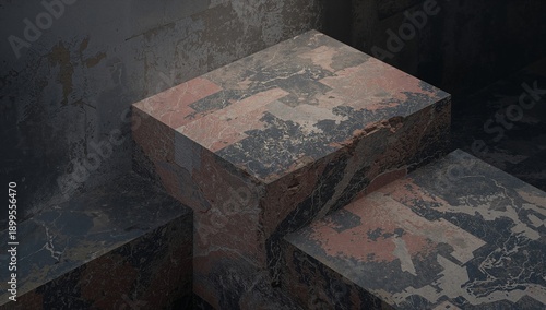 Marble Blocks Arranged in a Corner of a Room With Textural Patterns and a Dim...