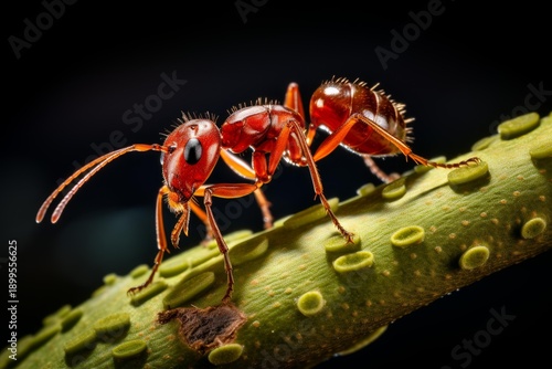 Wallpaper Mural Red ant carefully crawling across a textured green plant stem against a dark background Torontodigital.ca