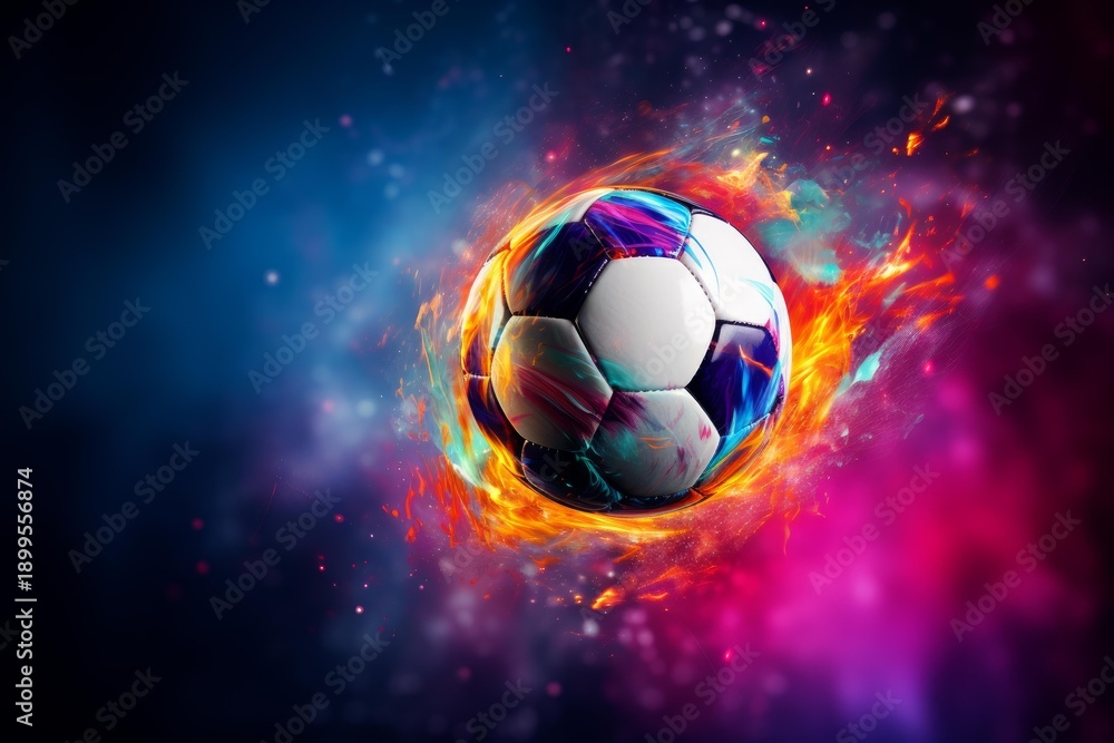 Fototapeta premium Soccer ball surrounded by colorful flames and abstract light, symbolizing power and competition